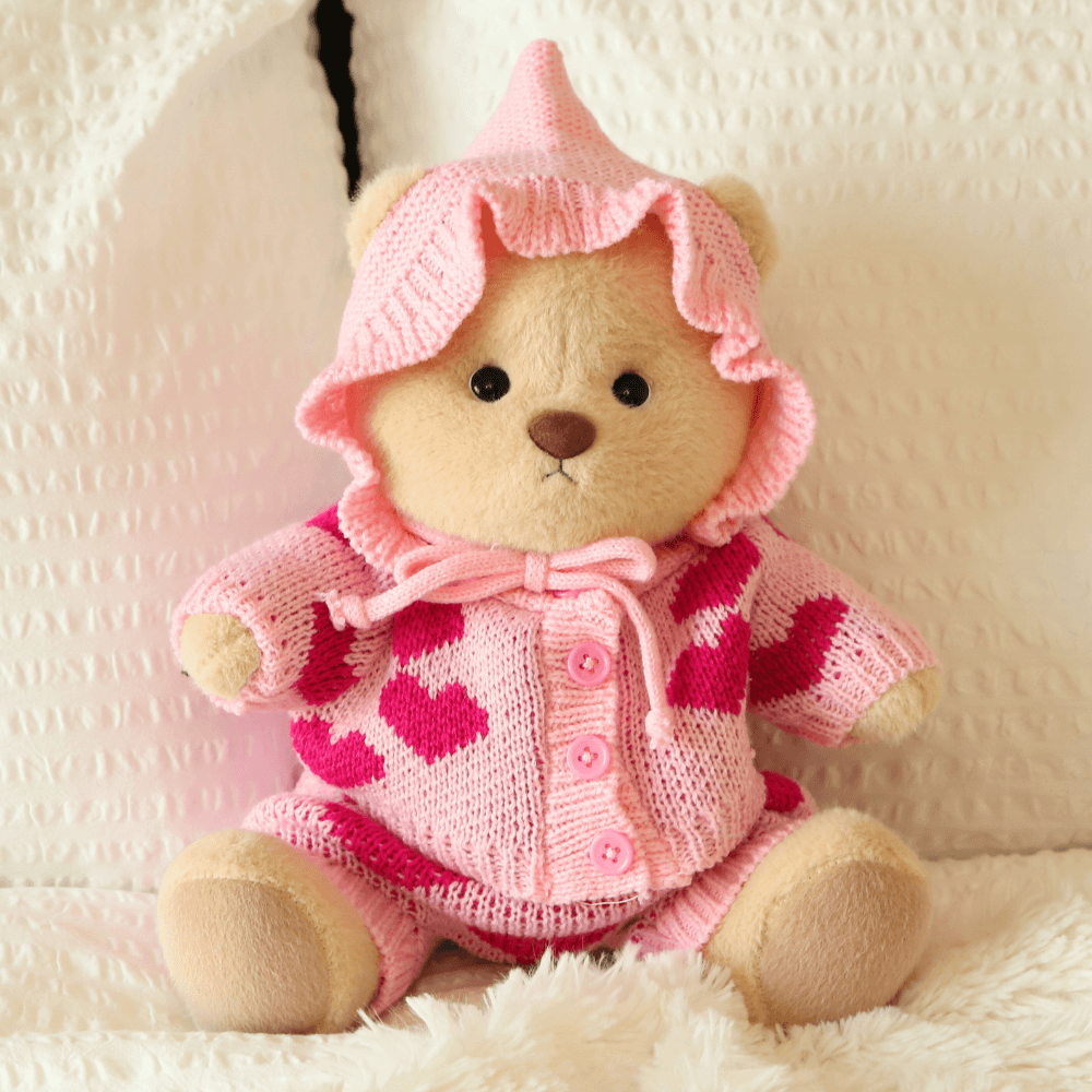 Nubi Teddy Bear with Sweetheart Knit Set | Handmade Jointed Stuffed Bear