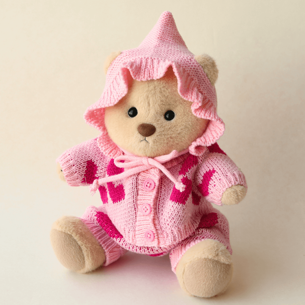 Nubi Teddy Bear with Sweetheart Knit Set | Handmade Jointed Stuffed Bear