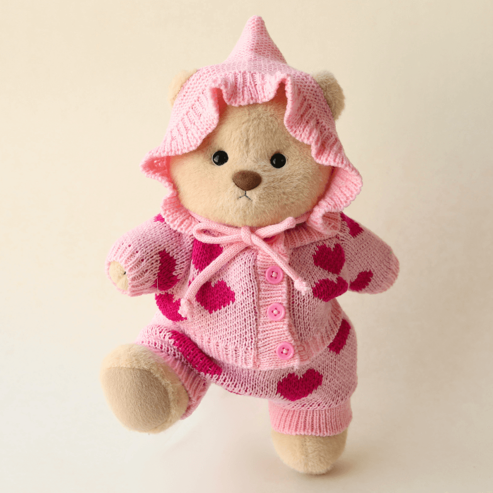 Nubi Teddy Bear with Sweetheart Knit Set | Handmade Jointed Stuffed Bear