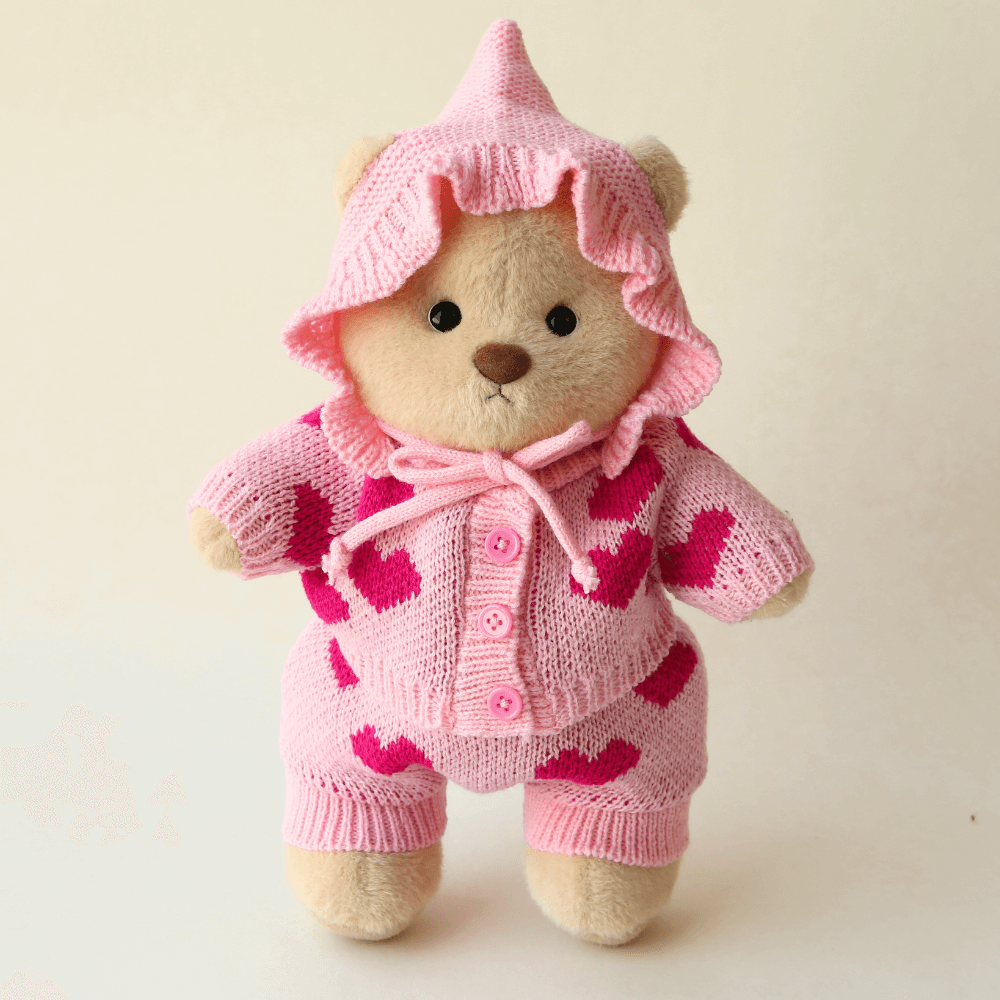 Nubi Teddy Bear with Sweetheart Knit Set | Handmade Jointed Stuffed Bear