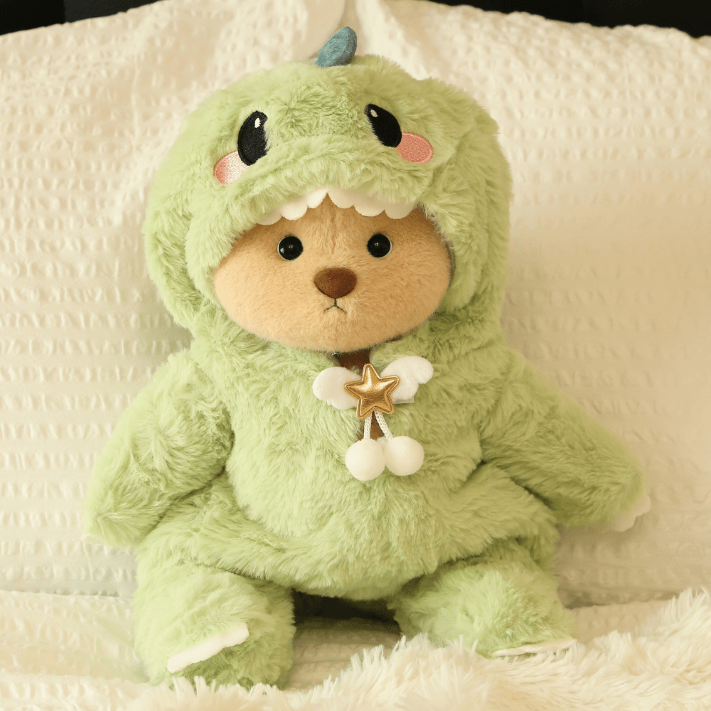 Nubi Teddy Bear with Green Dinosaur Outfit | Handmade Jointed Stuffed Bear
