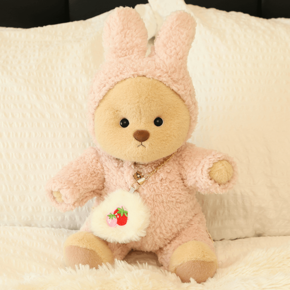 Nubi Teddy Bear with Strawberry Bunny Outfit | Handmade Jointed Stuffed Bear