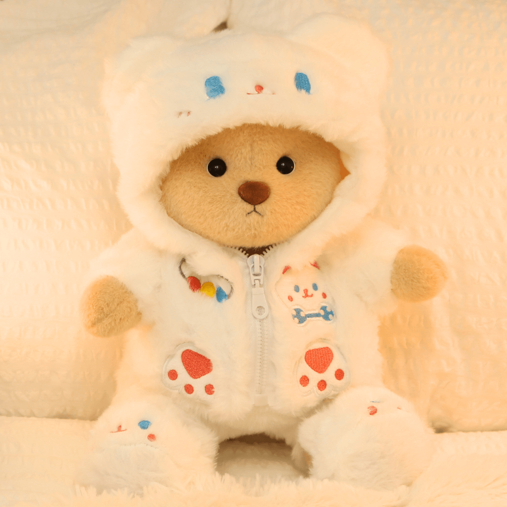 Nubi Teddy Bear with White Plush Cat Outfit | Handmade Jointed Stuffed Bear