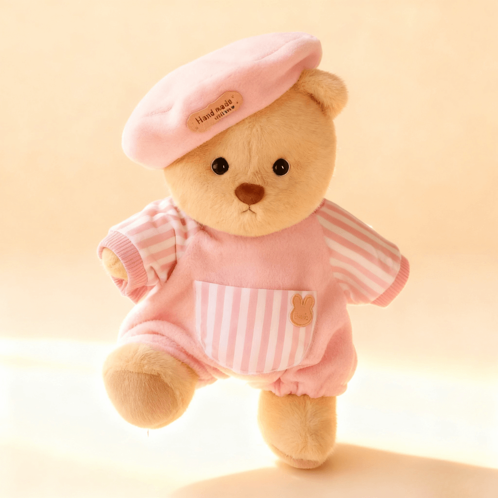 Nubi Teddy Bear with Blush Stripes Set | Handmade Jointed Stuffed Bear