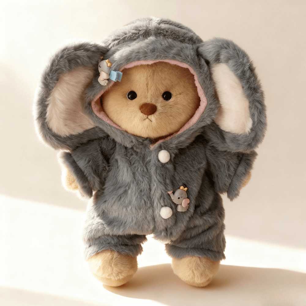 Nubi Teddy Bear with Fluffy Little Elephant Outfit | Handmade Jointed Stuffed Bear