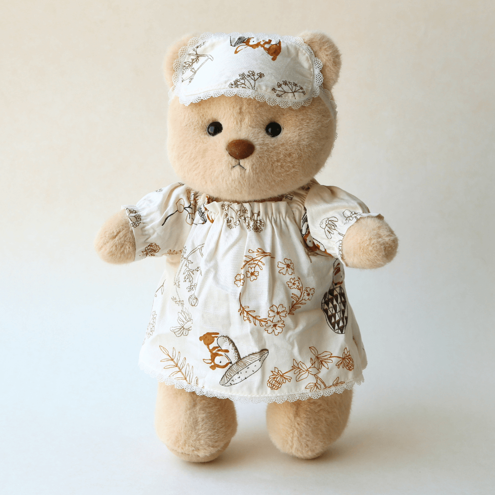 Beige Cartoon Nightgown with Eye Mask| Handmade Jointed Stuffed Bear