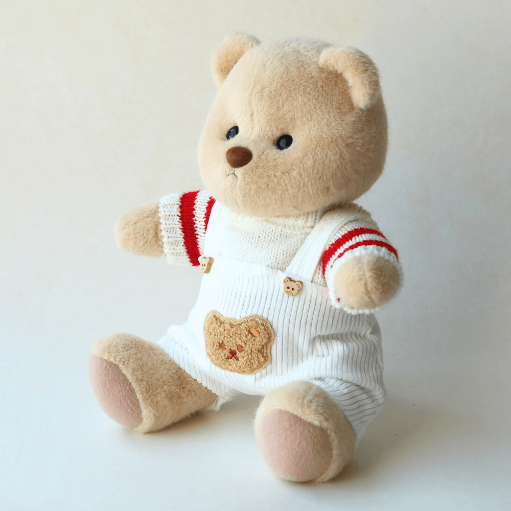 Candy Stripe Sweater with White Dungarees| Handmade Jointed Stuffed Bear