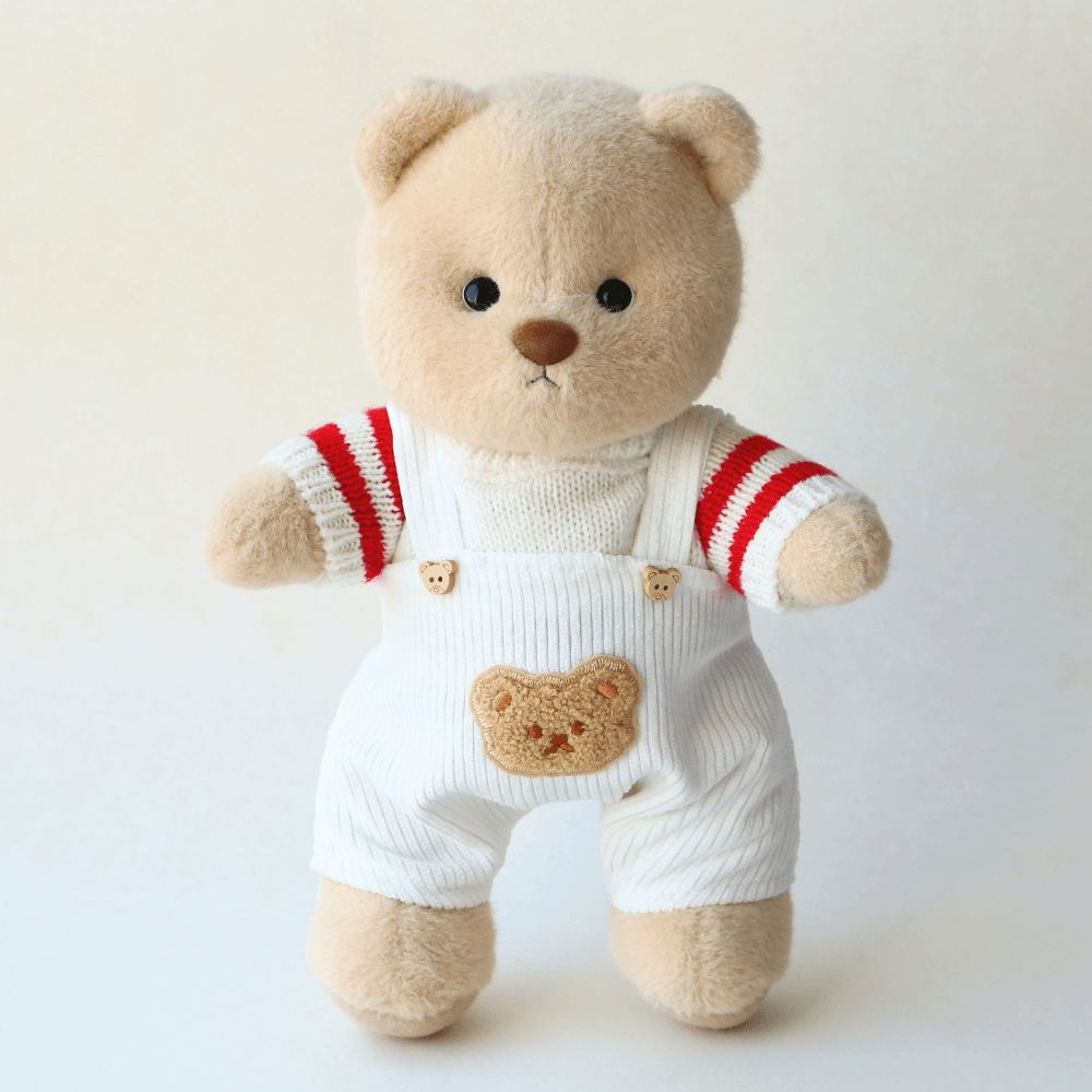 Candy Stripe Sweater with White Dungarees| Handmade Jointed Stuffed Bear
