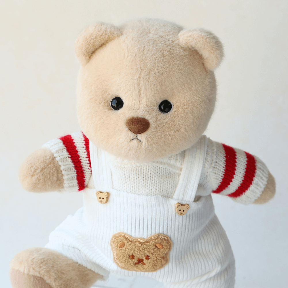 Candy Stripe Sweater with White Dungarees| Handmade Jointed Stuffed Bear