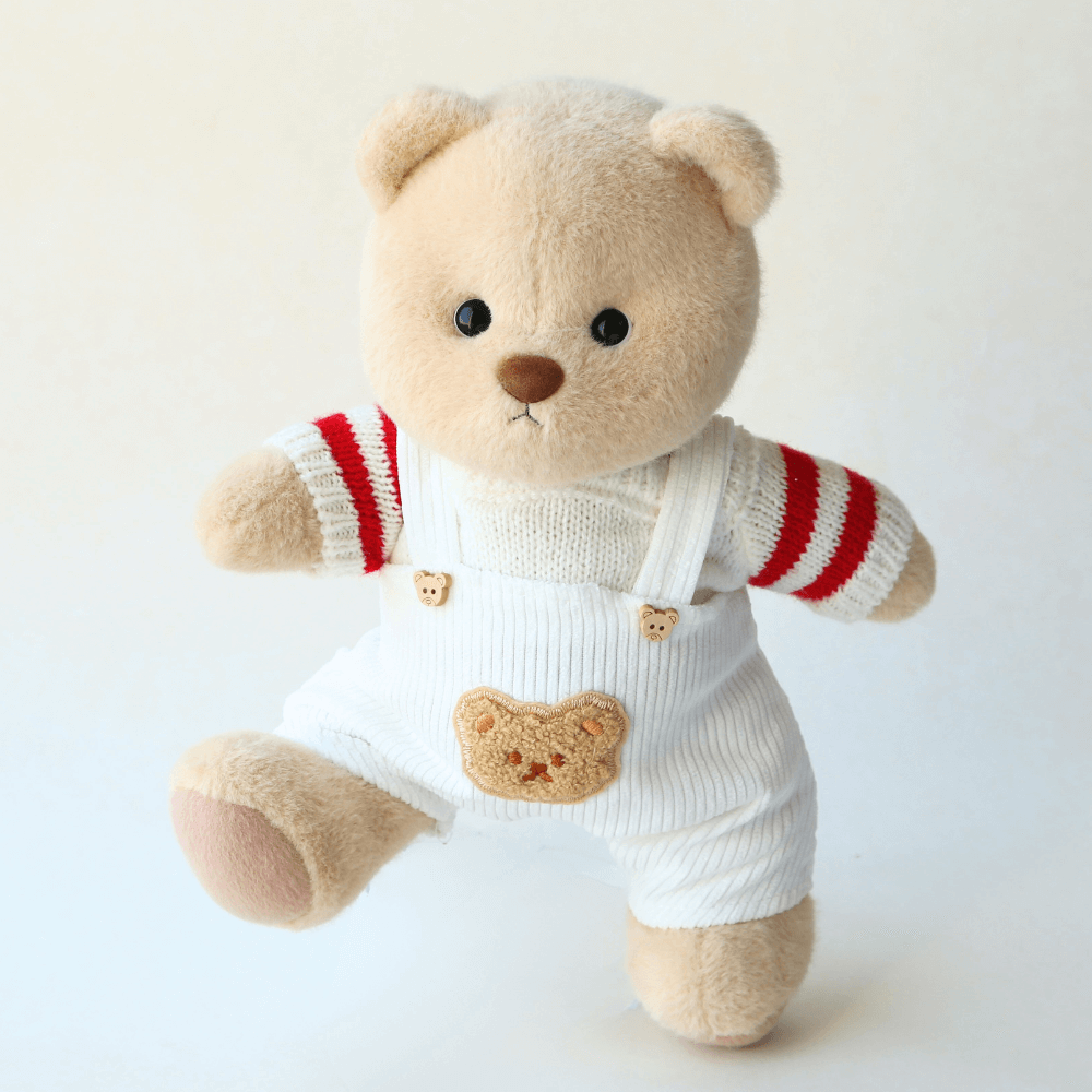 Candy Stripe Sweater with White Dungarees| Handmade Jointed Stuffed Bear