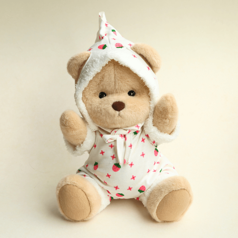Nubi Teddy Bear with Strawberry Pajamas | Handmade Jointed Stuffed Bear