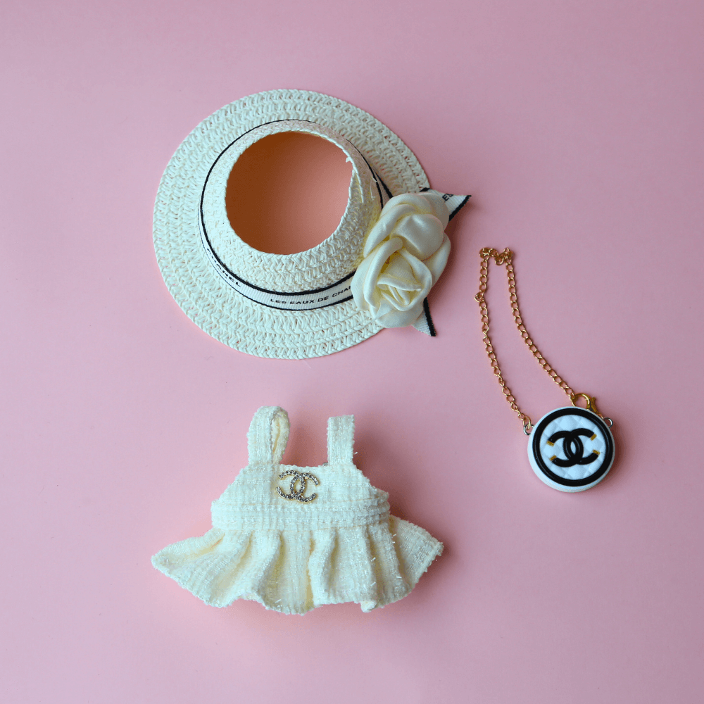 White Coco Chanel Dress, Hat & Bag