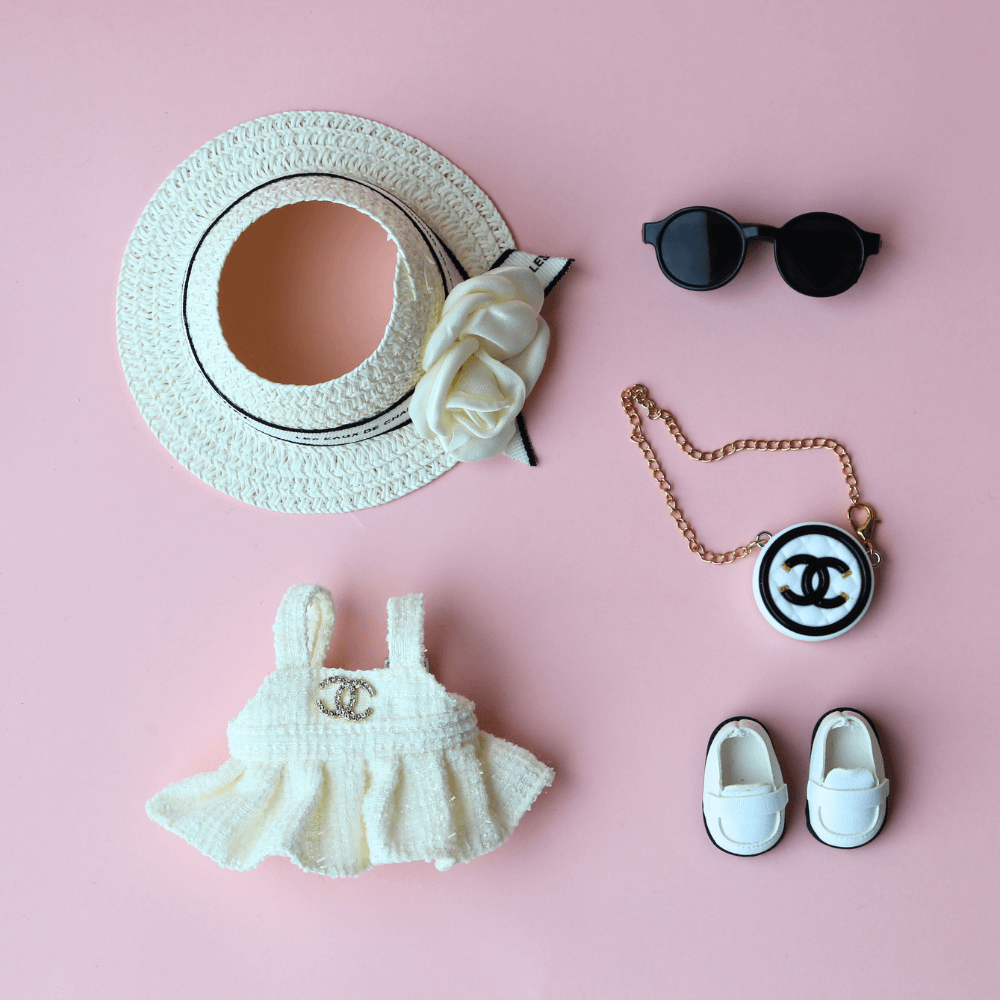 White Coco Chanel Dress, Hat & Bag