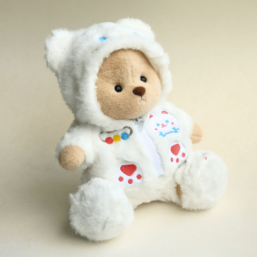 Nubi Teddy Bear with White Plush Cat Outfit | Handmade Jointed Stuffed Bear