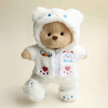 Nubi Teddy Bear with White Plush Cat Outfit | Handmade Jointed Stuffed Bear