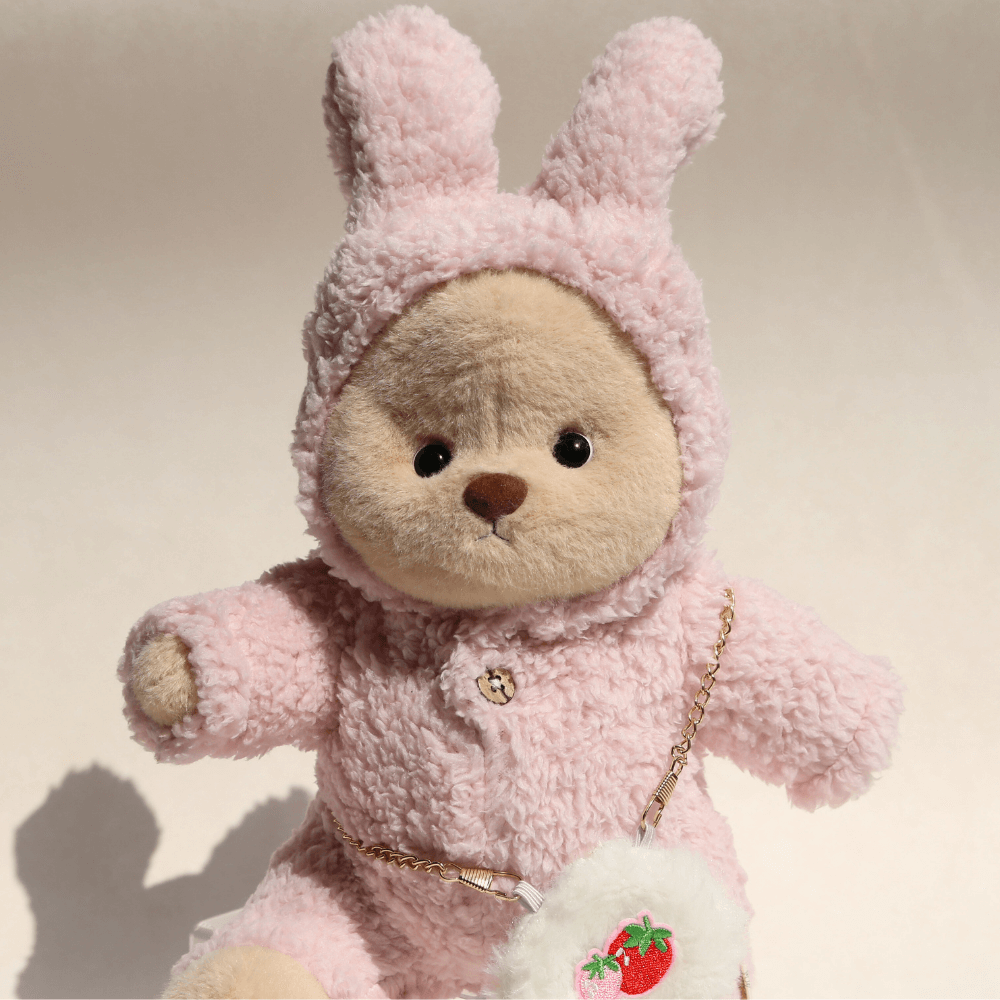 Nubi Teddy Bear with Strawberry Bunny Outfit | Handmade Jointed Stuffed Bear