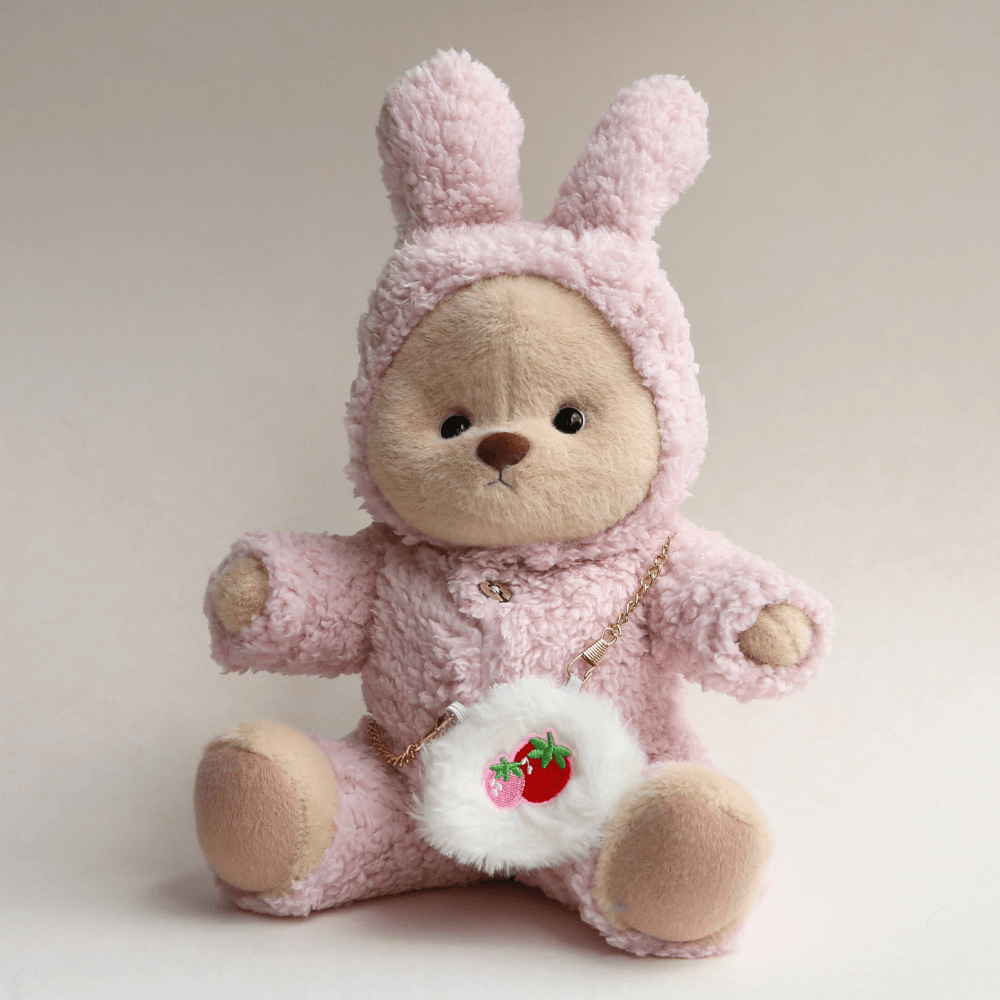 Nubi Teddy Bear with Strawberry Bunny Outfit | Handmade Jointed Stuffed Bear