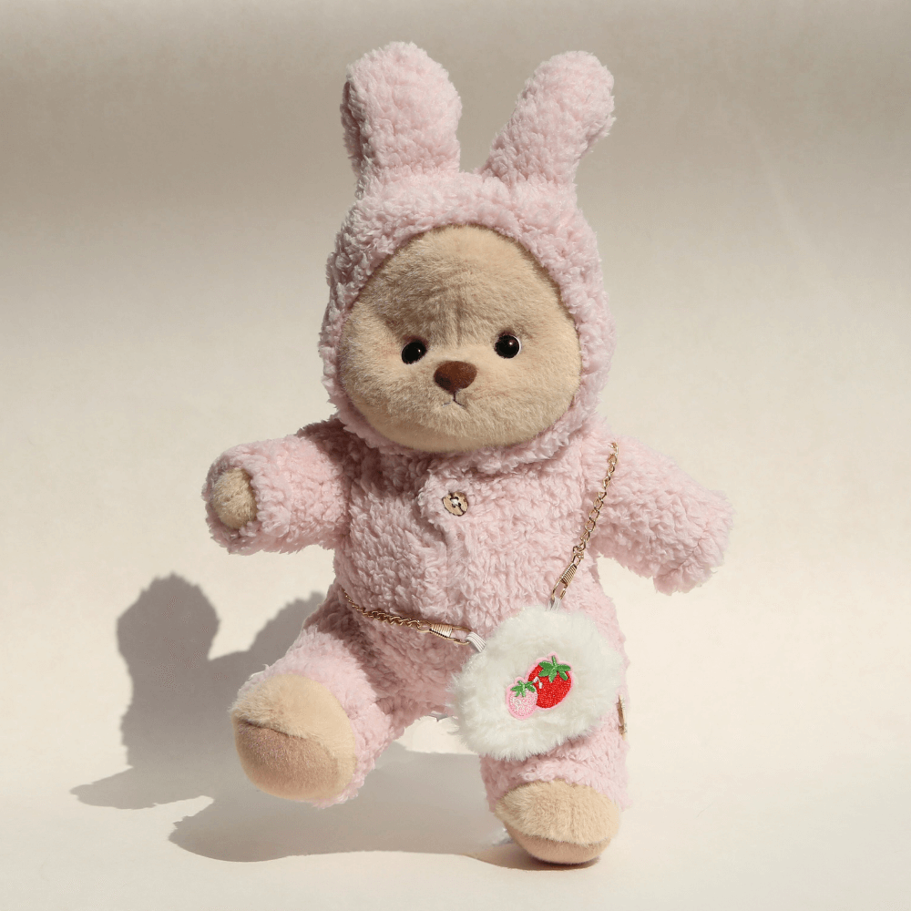 Nubi Teddy Bear with Strawberry Bunny Outfit | Handmade Jointed Stuffed Bear