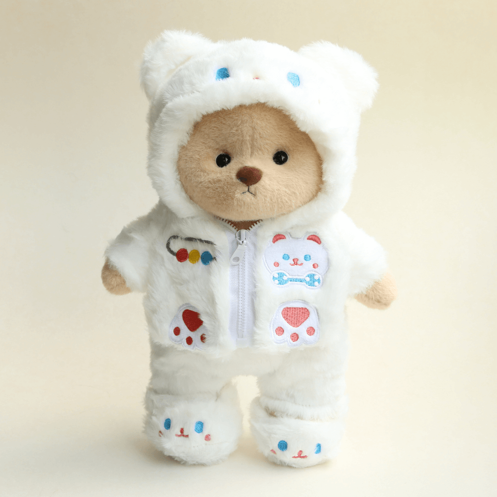 Nubi Teddy Bear with White Plush Cat Outfit | Handmade Jointed Stuffed Bear