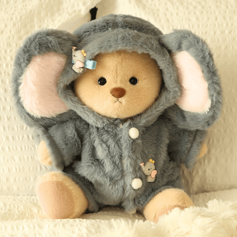 Nubi Teddy Bear with Fluffy Little Elephant Outfit | Handmade Jointed Stuffed Bear