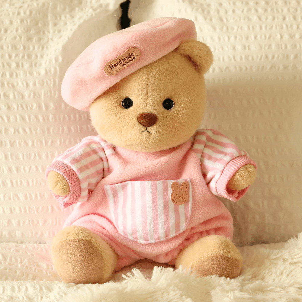 Nubi Teddy Bear with Blush Stripes Set | Handmade Jointed Stuffed Bear